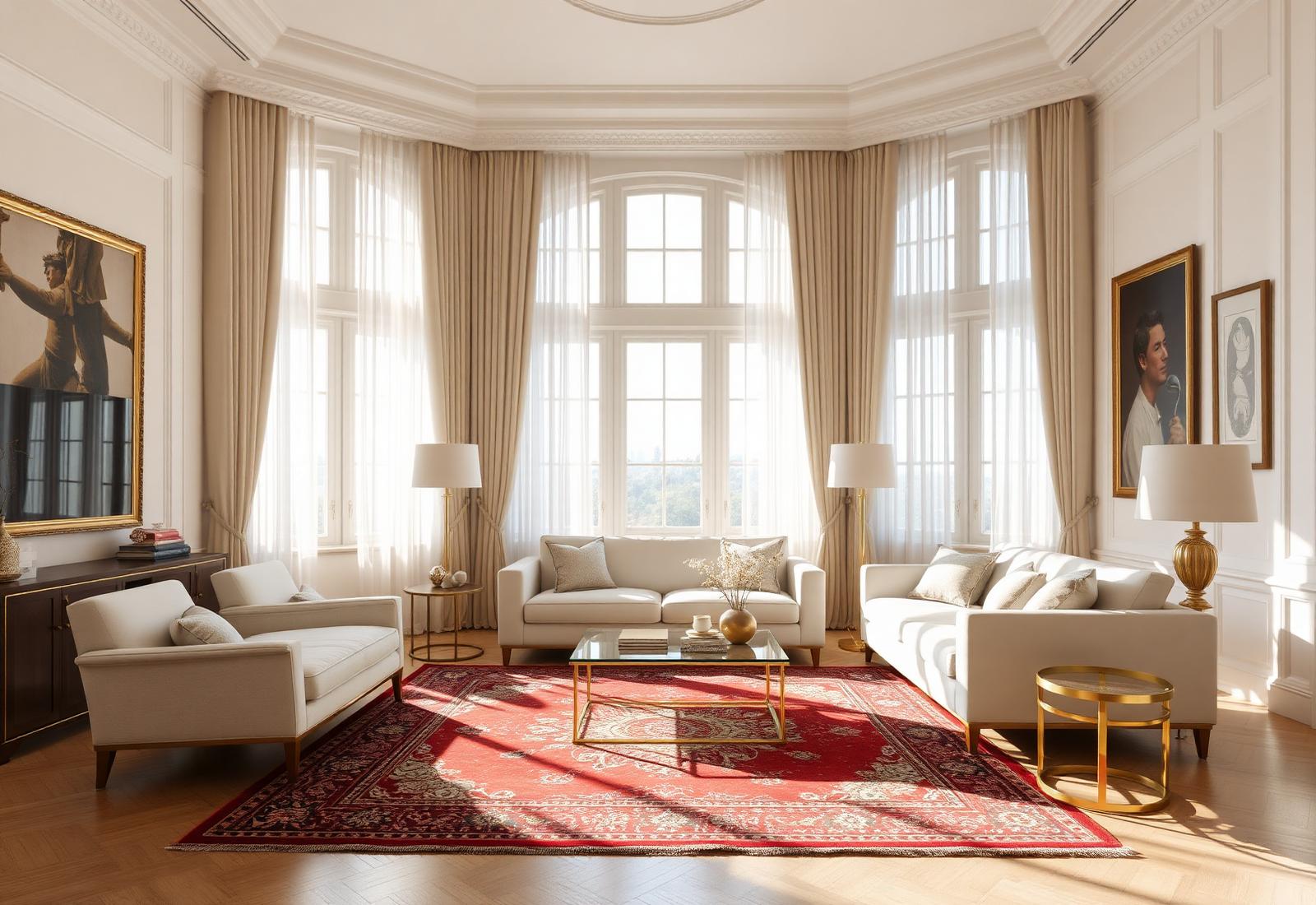 Bright sunlit living room featuring a beautifully cleaned oriental rug